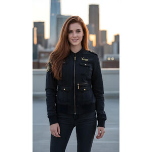 Coogi Women's Black Bomber Jacket Gold Embroidery Size Small Casual Zip-Up‎